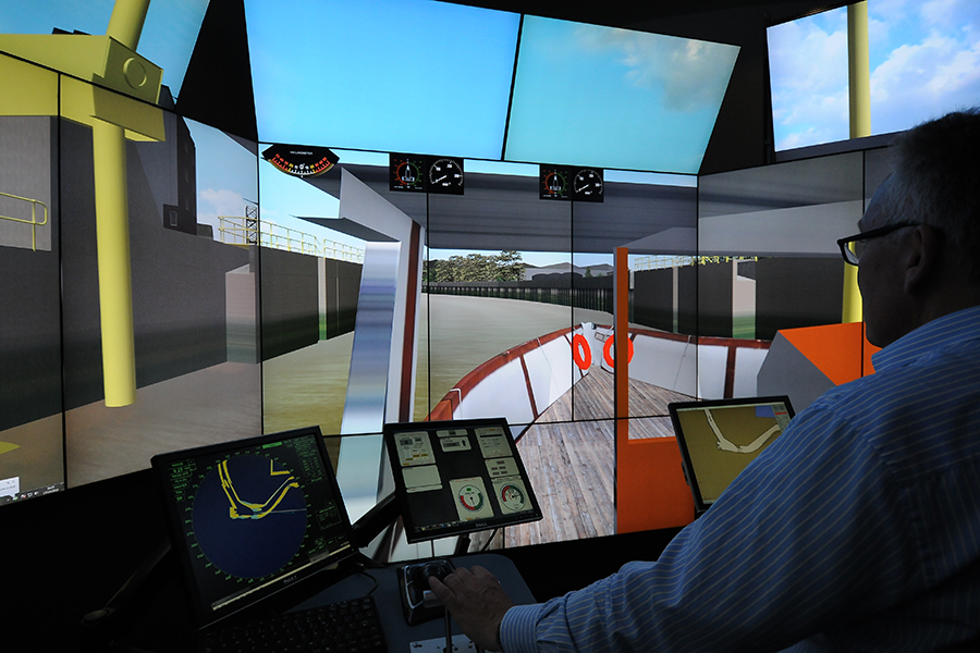 Marine Pilot, Mark Murrison, navigates the Boston Belle passenger vessel through the Boston Barrier in a simulation at HR Wallingford’s UK Ship Simulation Centre in Oxfordshire