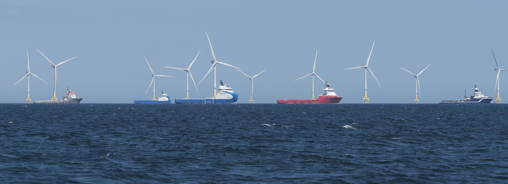 Panoramic view of offshore wind farms for renewable energy