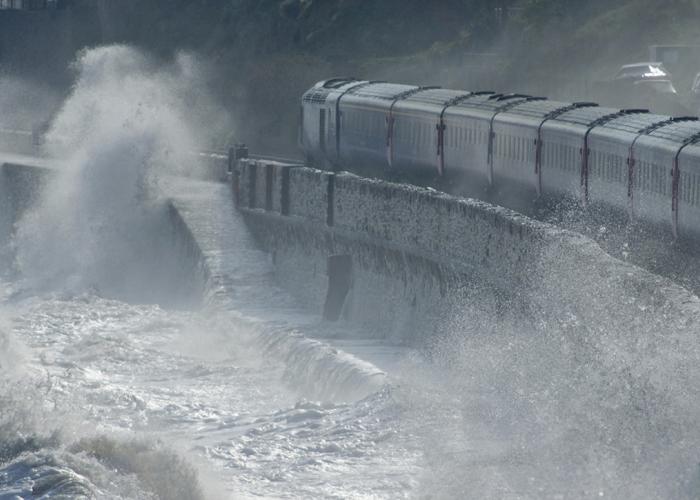 Waves overtopping the sea wall at Dawlish