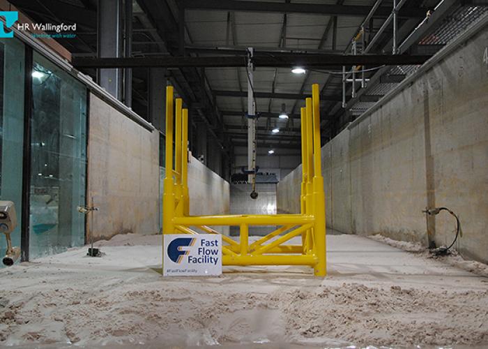 View of a wind farm substation painted in yellow in physical model