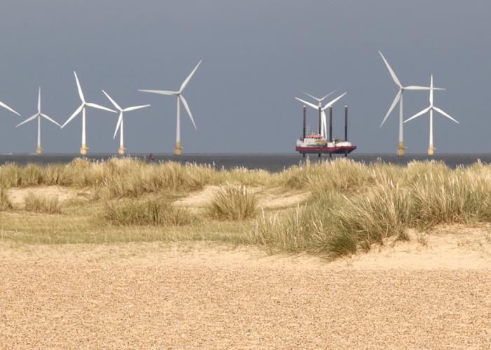 Panoramic view of a wind farm behind sand dunes