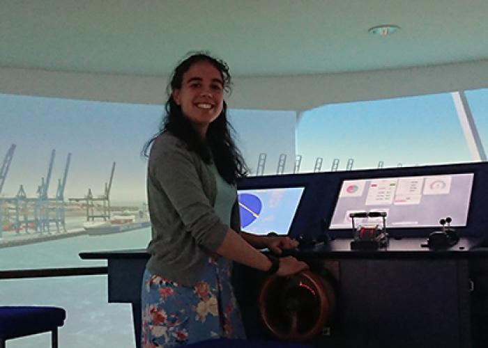 Female engineer, Jess Carter, at the commands of our Ship Simulator